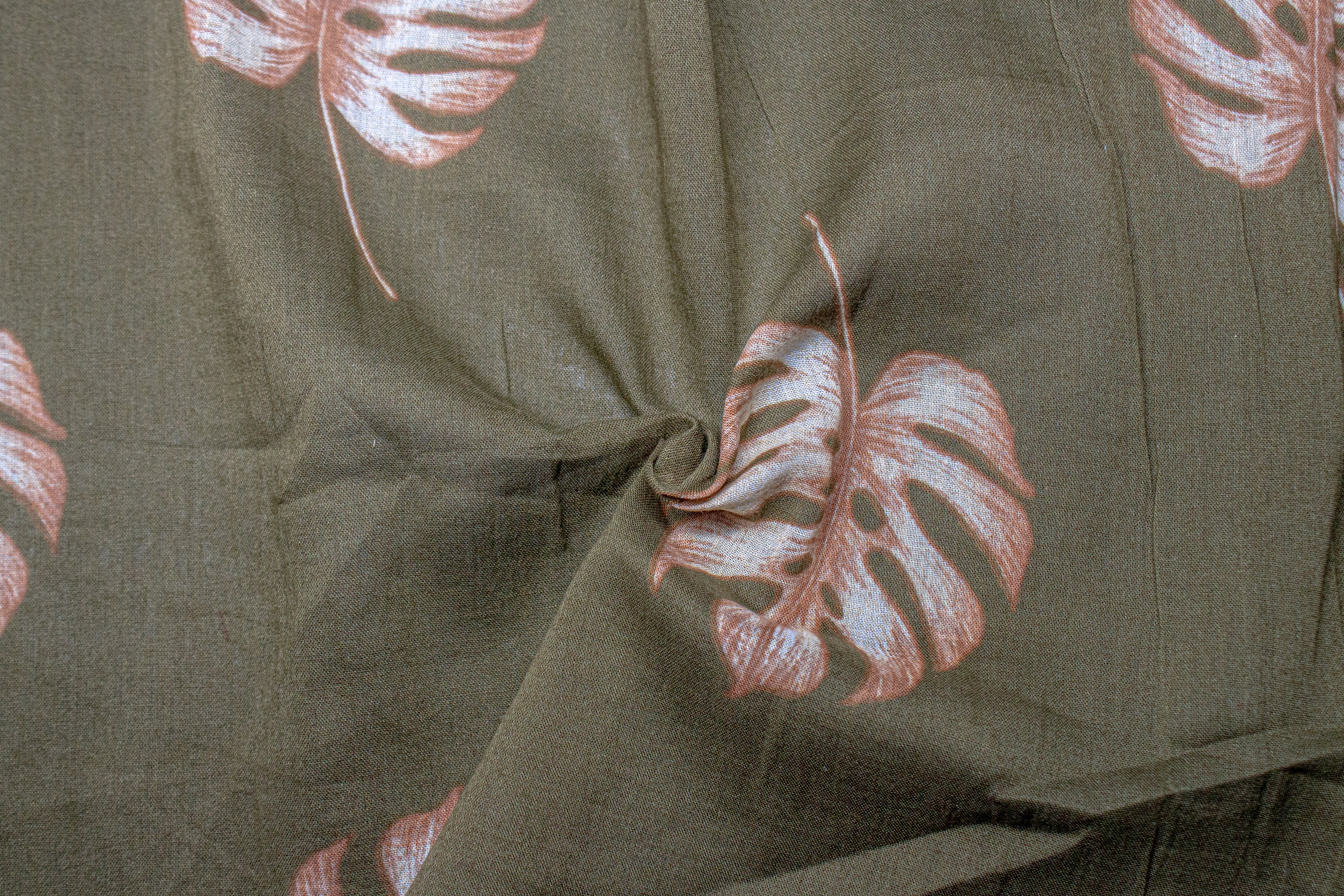 Olive Green Tropical Mul Print Cotton Fabric