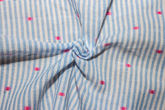 Blue & White lightweight Pin stripe with Pink Butta Dobby Cotton Fabric