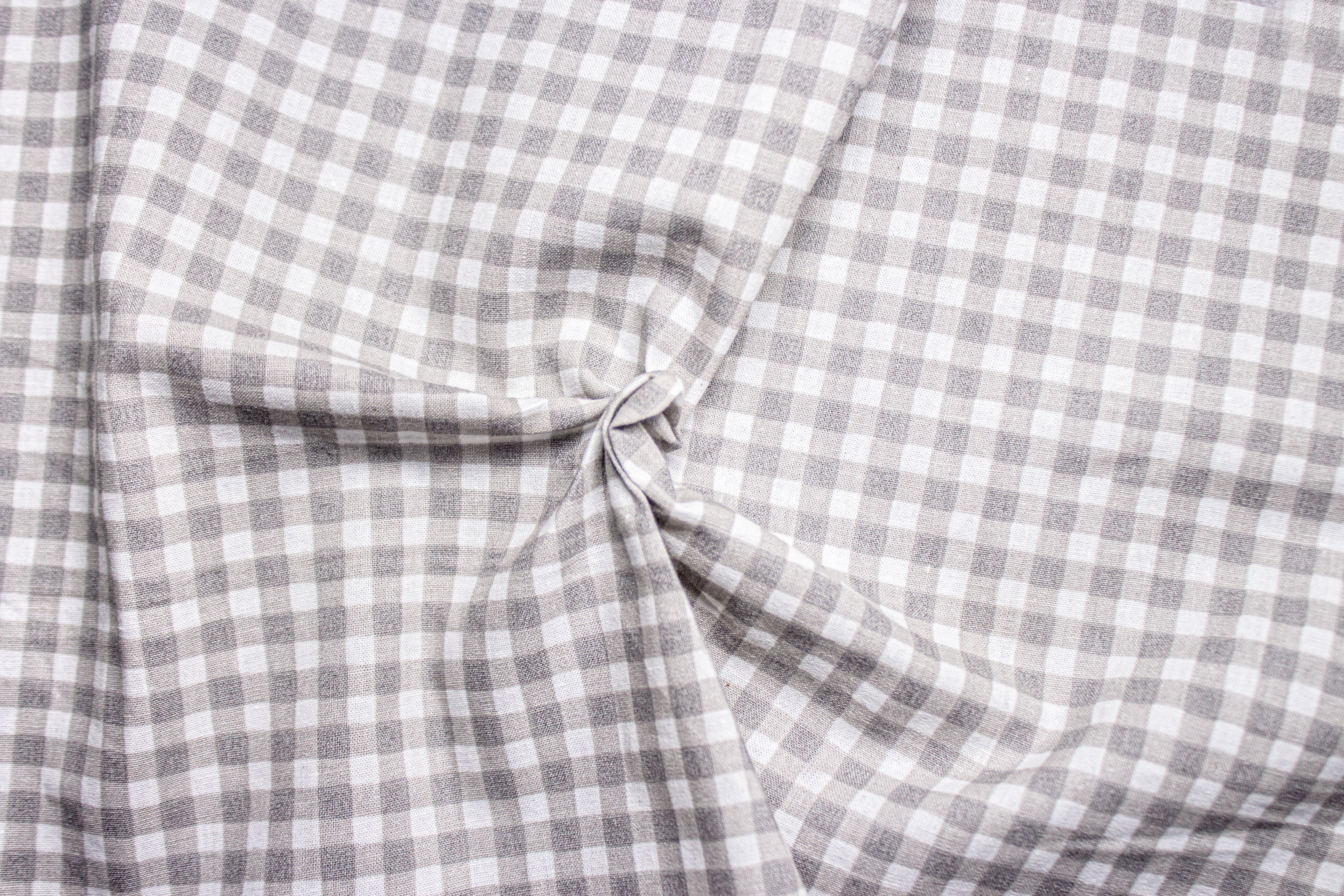White & Steel Grey Printed Gingham Check Cotton Fabric