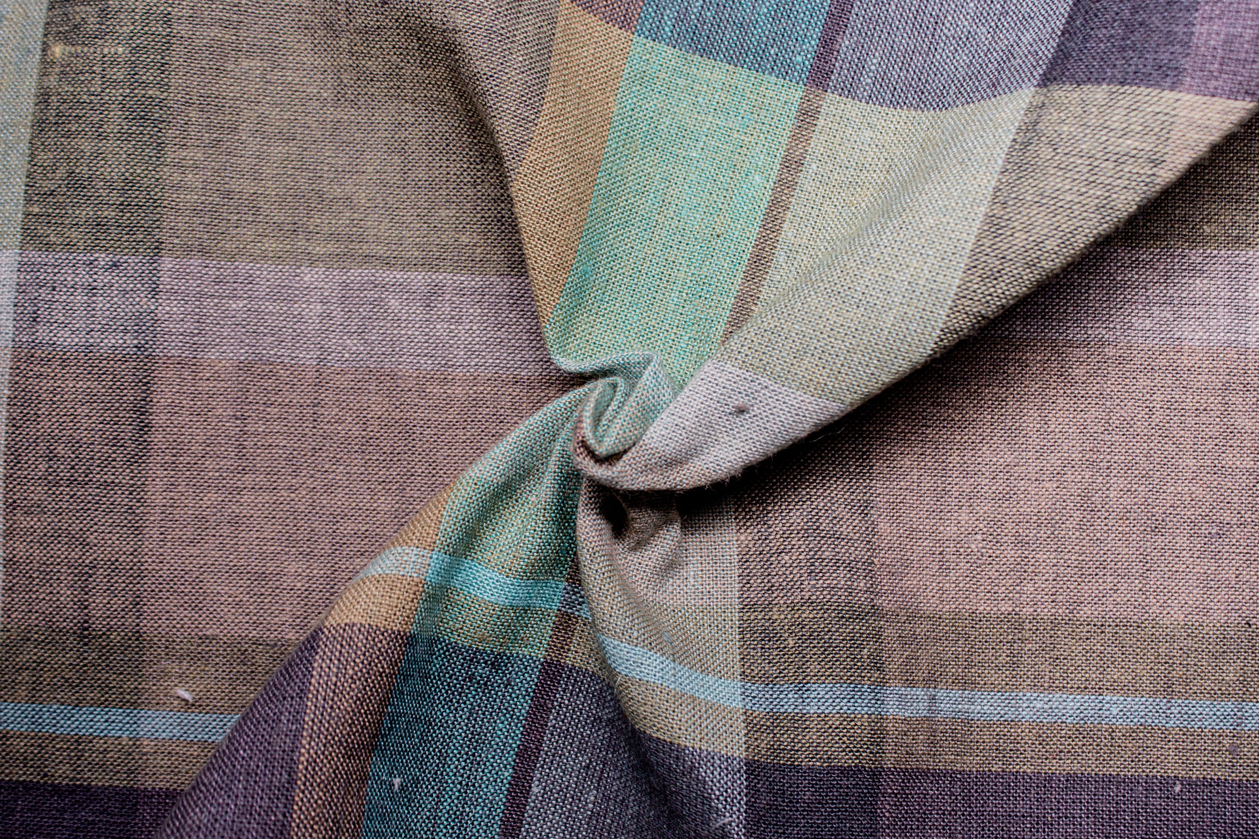 Olive Green Check Cotton Linen Fabric