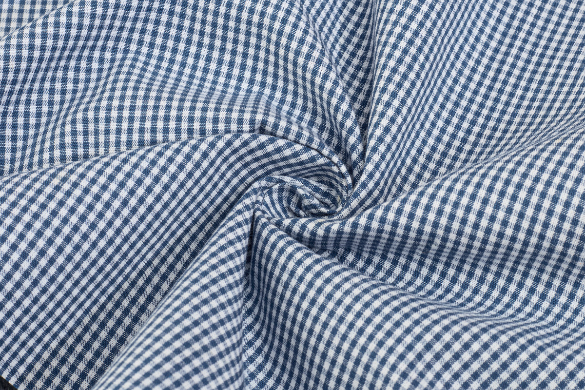 White & Blue Formal Small Gingham Check Cotton Fabric