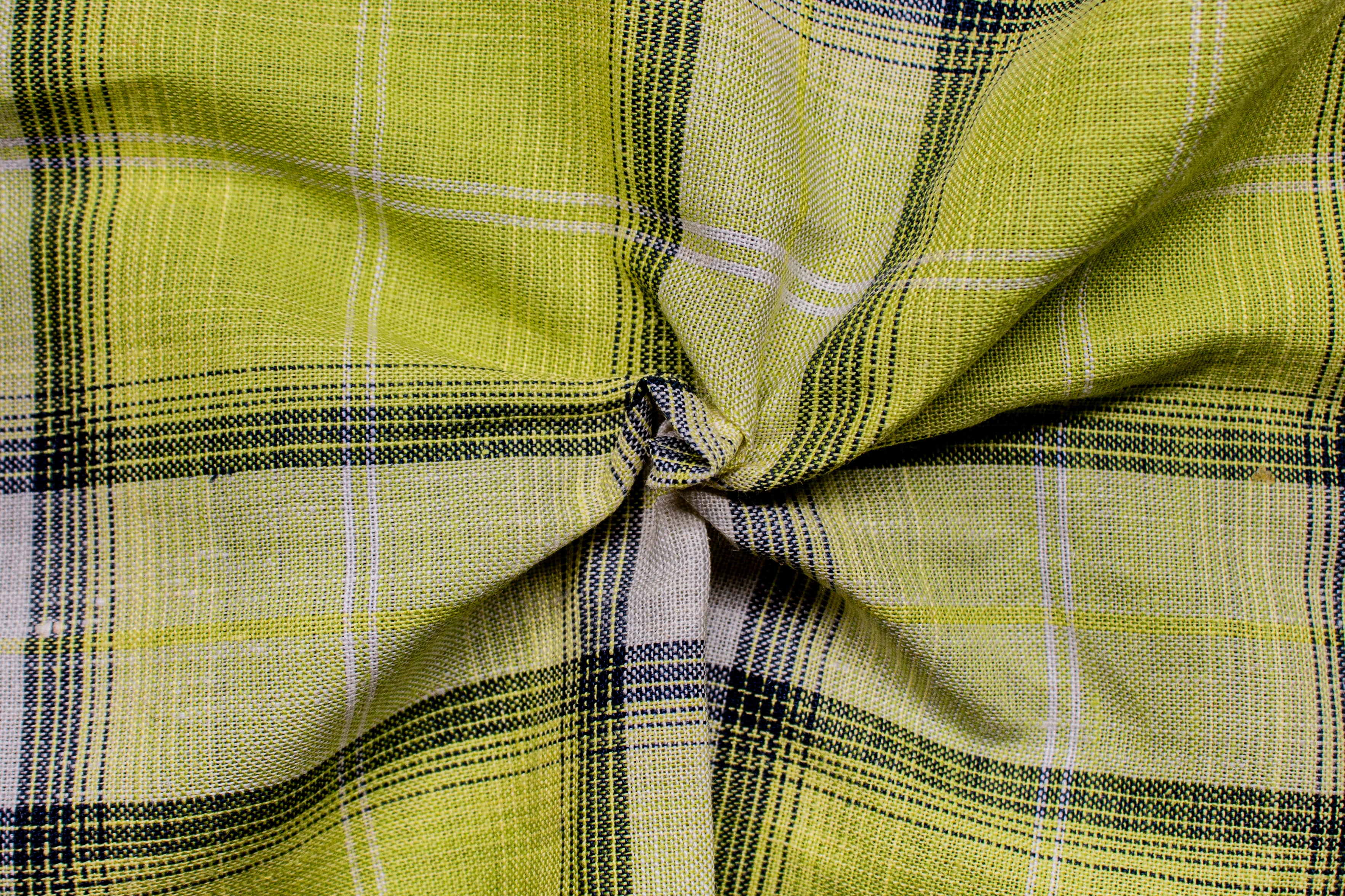 Fluorescent Green & Navy Tartan Check Cotton Linen Fabric
