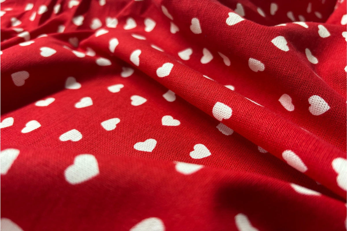 White & Red Canvas Heart Print Cotton Fabric