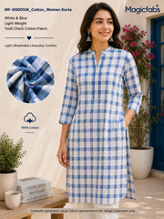 White & Blue Light Weight Twill Check Cotton Fabric