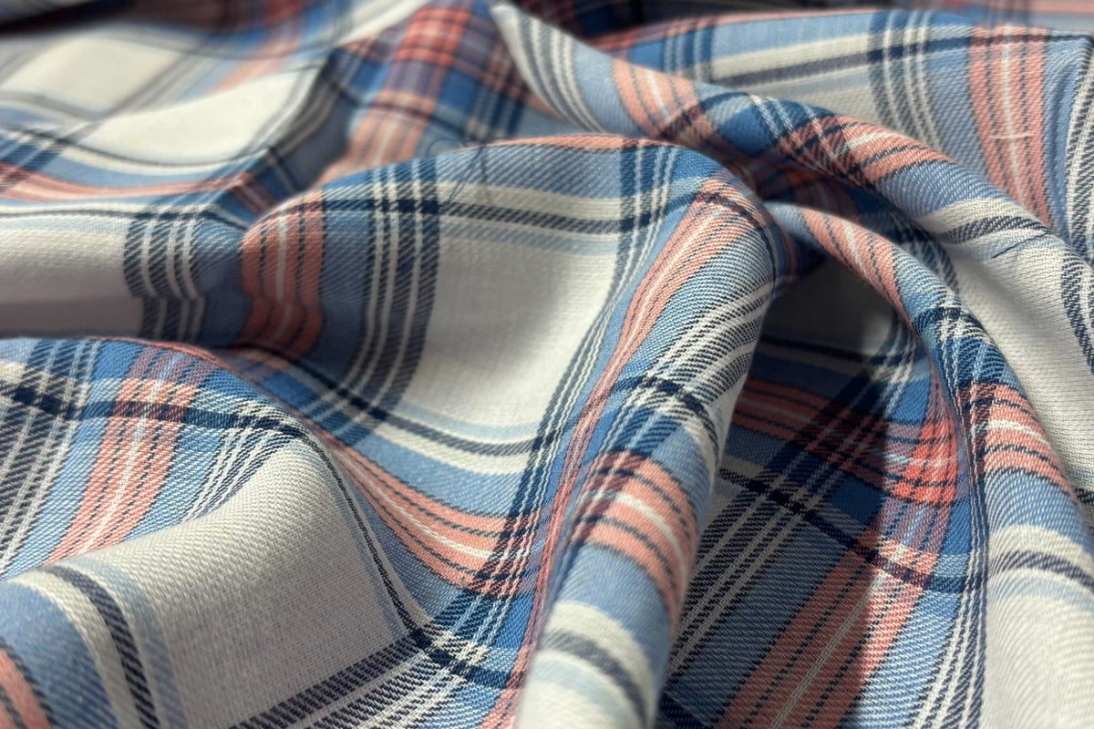 White & Blue Tartan Light Weight Twill Check Cotton Fabric