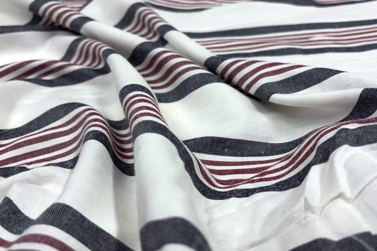 White & Maroon Stripe Viscose Rayon Fabric