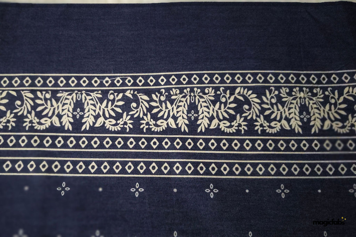 Indigo Engineering Floral Border Denim Fabric