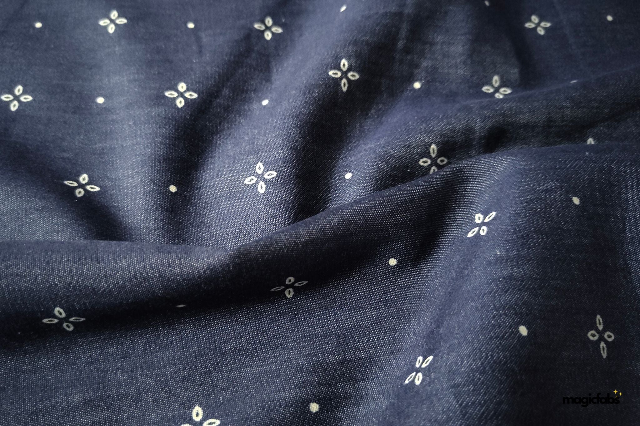 Indigo Engineering Floral Border Denim Fabric