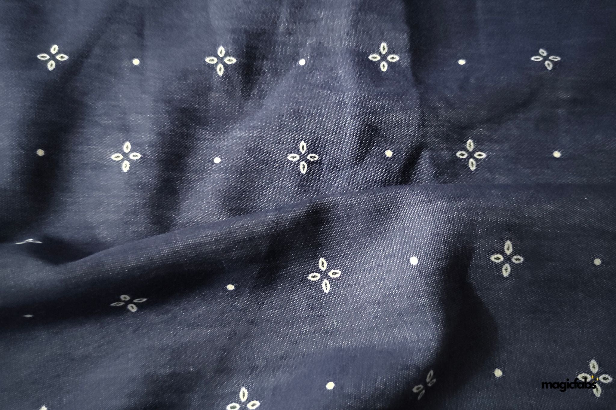 Indigo Engineering Floral Border Denim Fabric