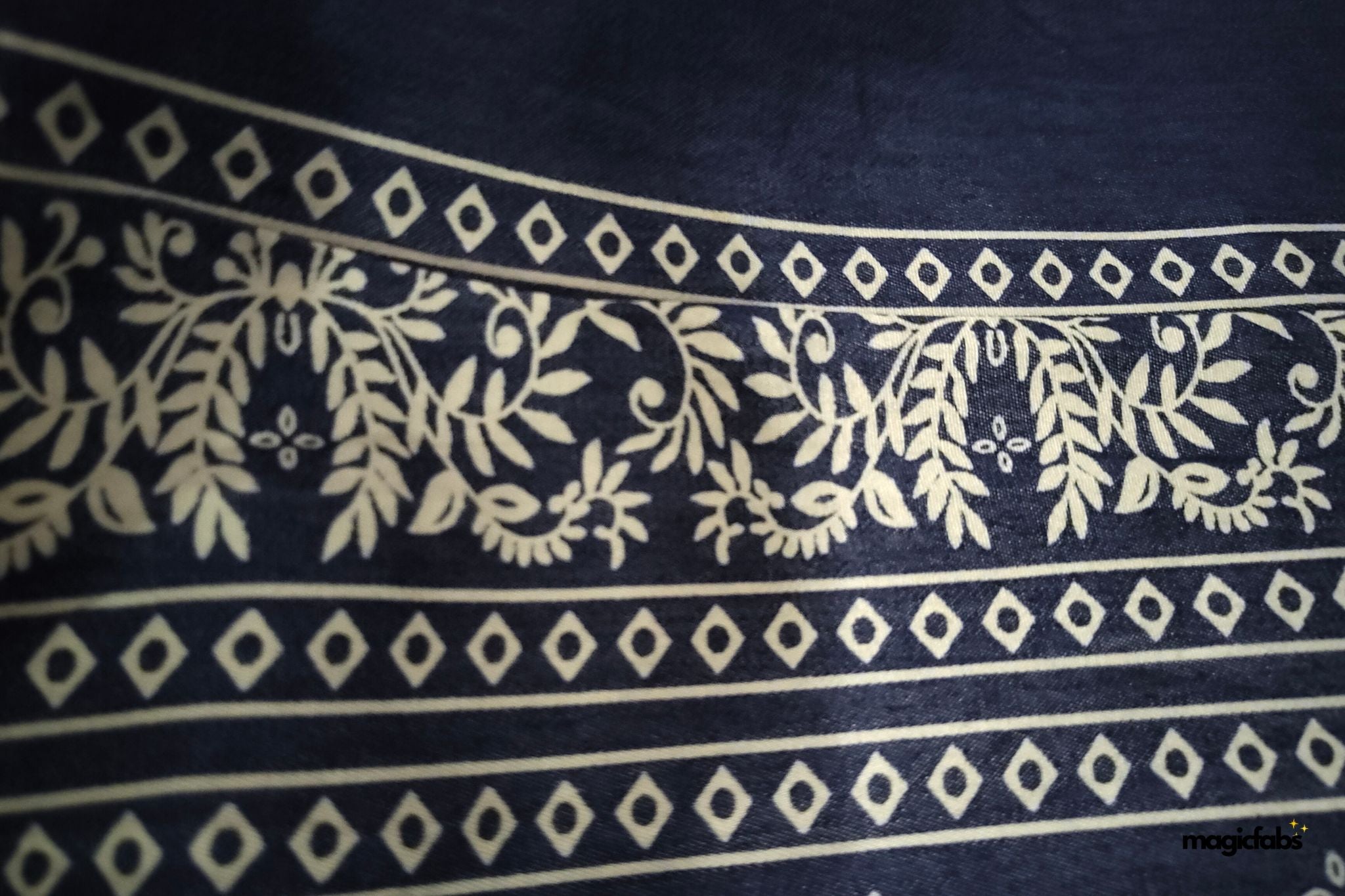Indigo Engineering Floral Border Denim Fabric