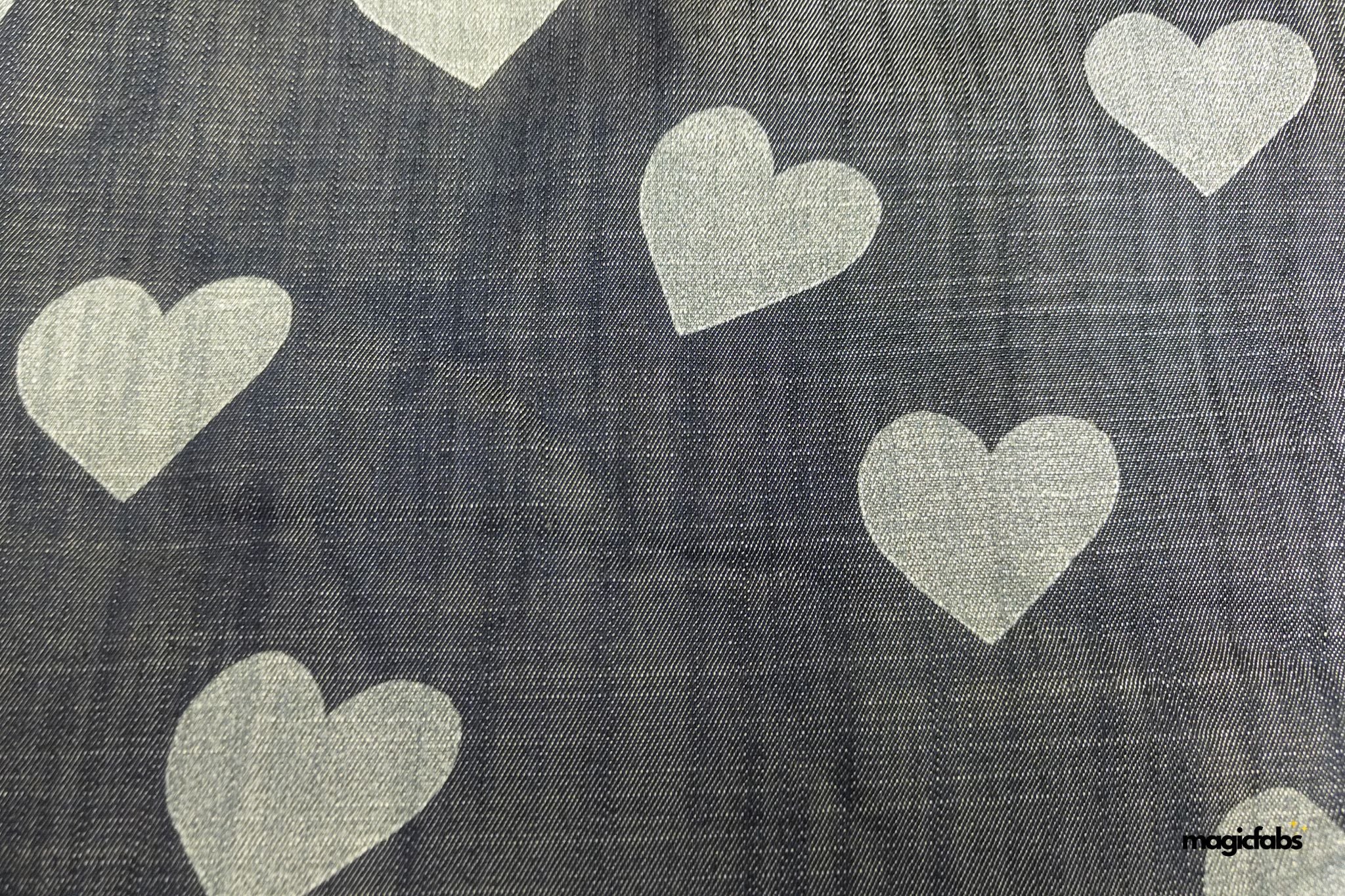 Indigo Cotton Denim Hearts Fabric
