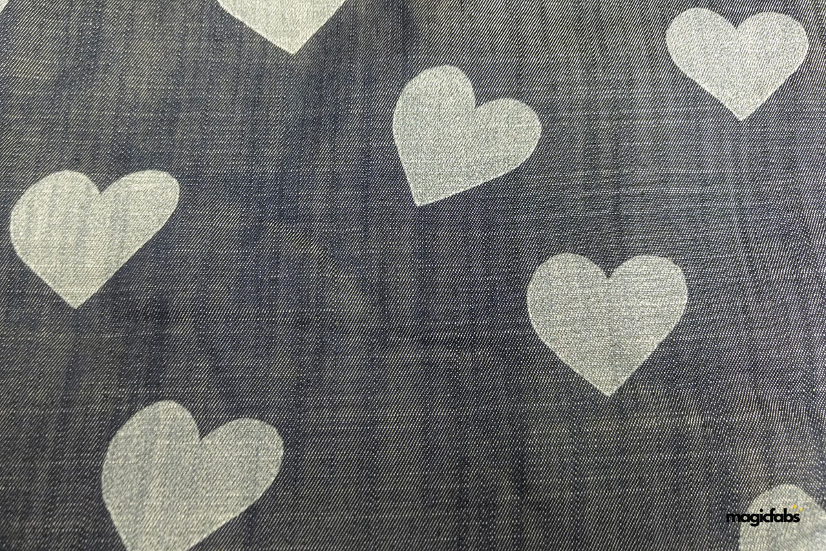 Indigo Cotton Denim Hearts Fabric