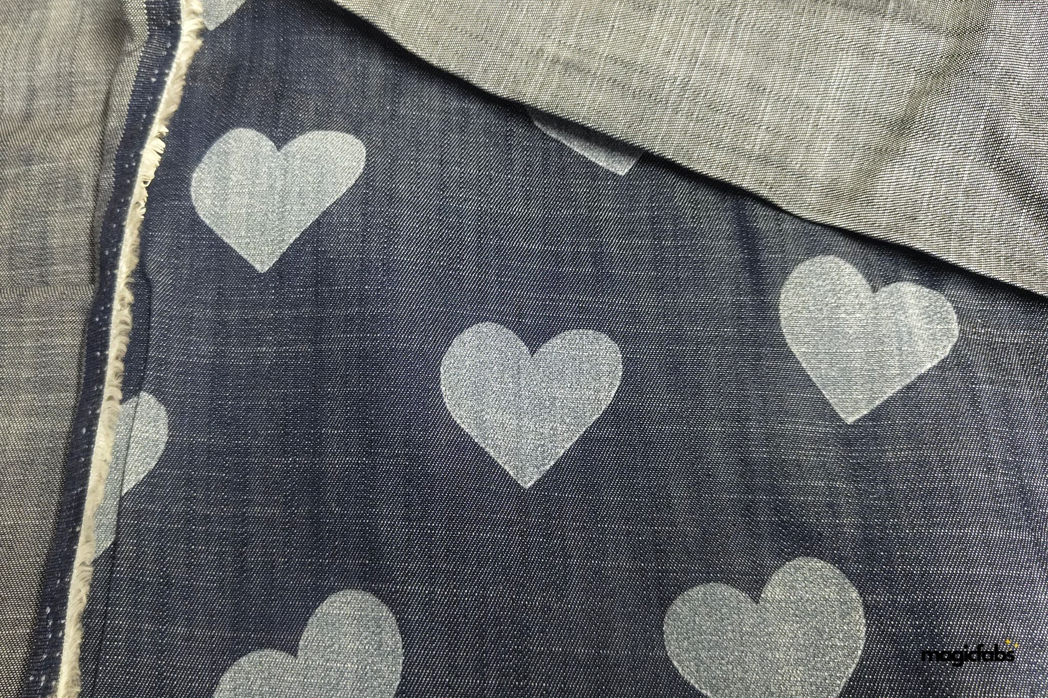 Indigo Cotton Denim Hearts Fabric