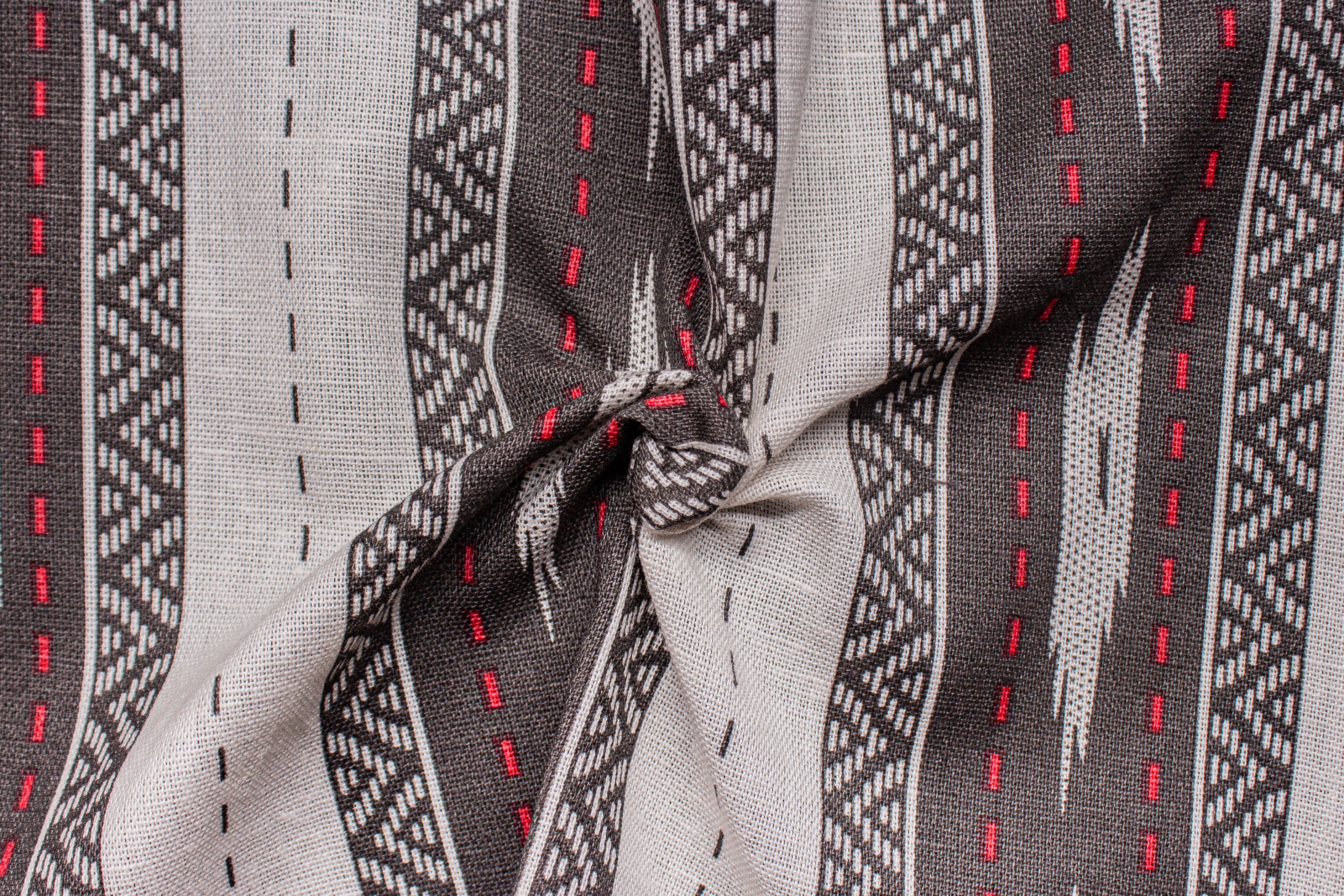 White & Khaki Print Ikat Cotton Linen Fabric