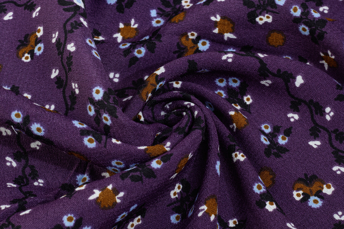 Purple Floral Print Viscose Crepe Fabric