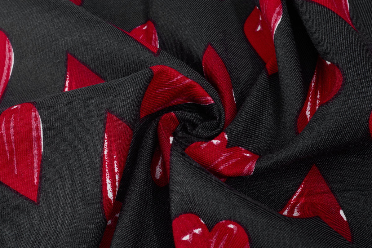 Black & Red Heart Twill Print Viscose Fabric