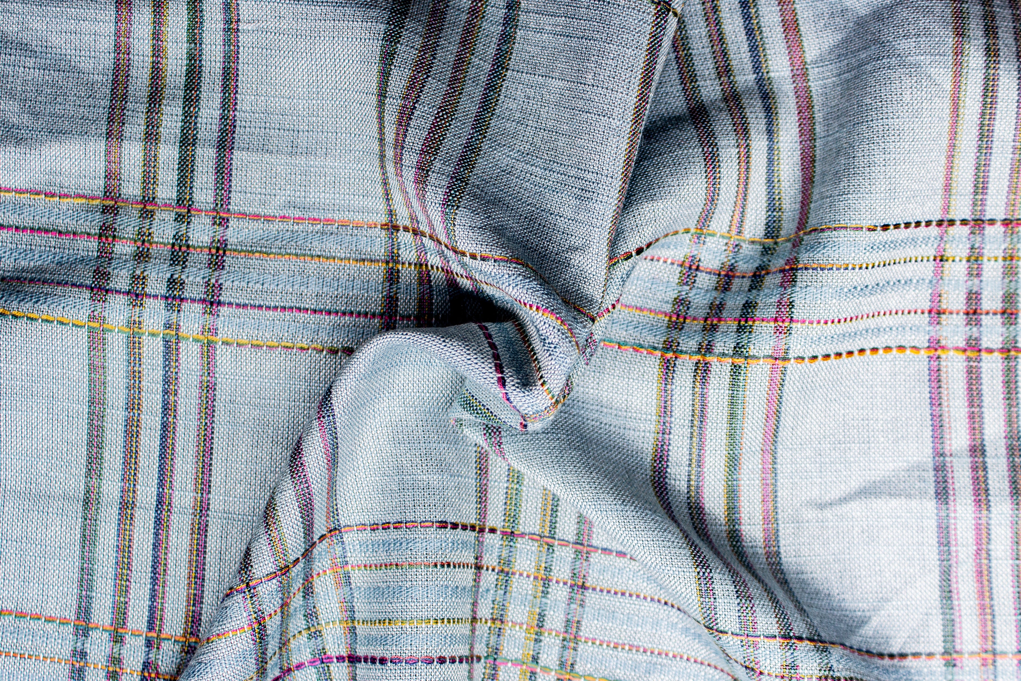 Blue with Multicolour Dobby Check Viscose Linen Fabric