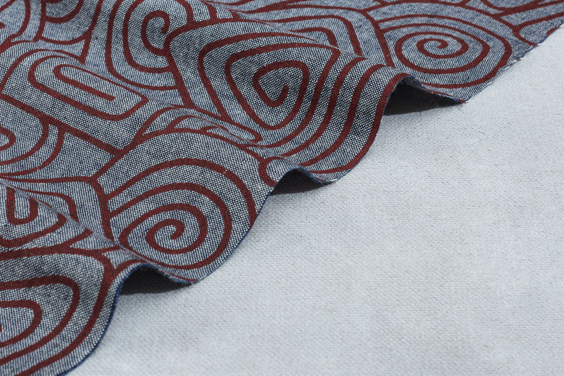 Maroon Aztec Print On Indigo Denim Chambray