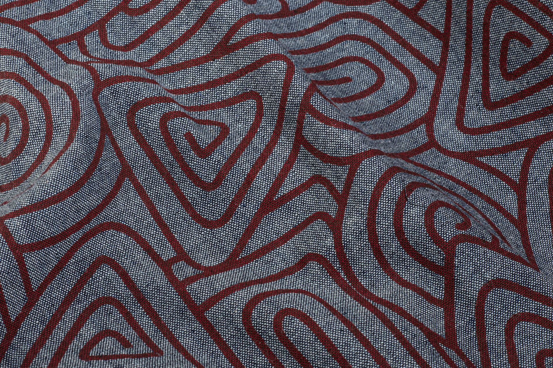 Maroon Aztec Print On Indigo Denim Chambray
