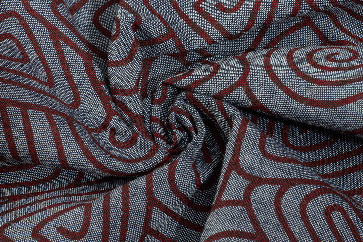 Maroon on Indigo Aztec Print Denim Chambray Fabric