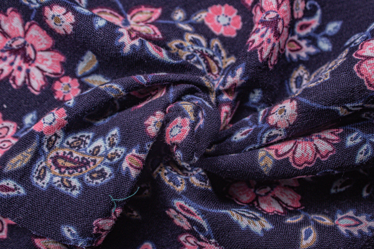 Navy & Pink Double Cloth Print Check Cotton Muslin Fabric