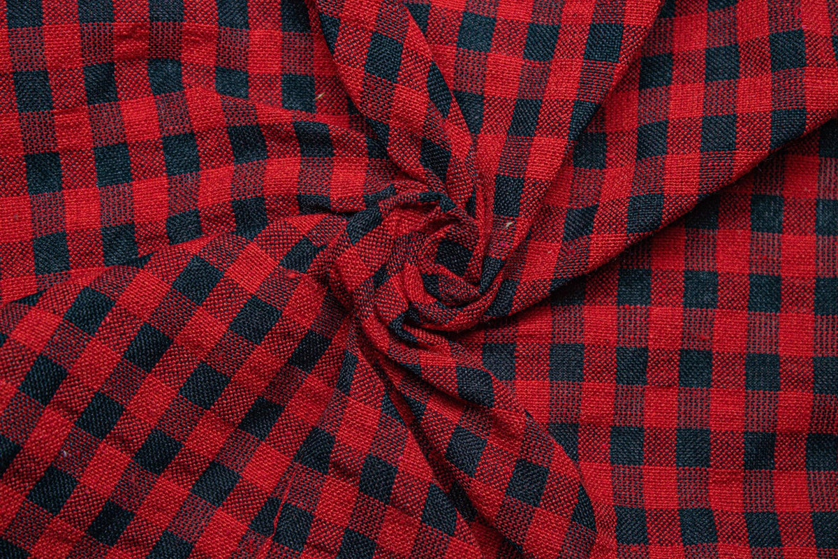 Red & Black Recycled Yarn SeerSucker Gingham Check