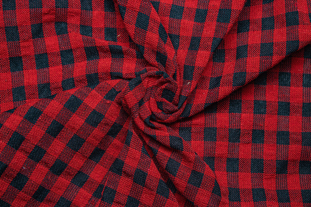 Red & Black Recycled Yarn Seersucker Gingham Check Polyester Fabric