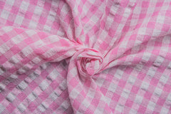Pink & White Recycled Yarn Seersucker Gingham Check Polyester Fabric