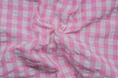 Pink & White Recycled Yarn Seersucker Gingham Check Polyester Fabric