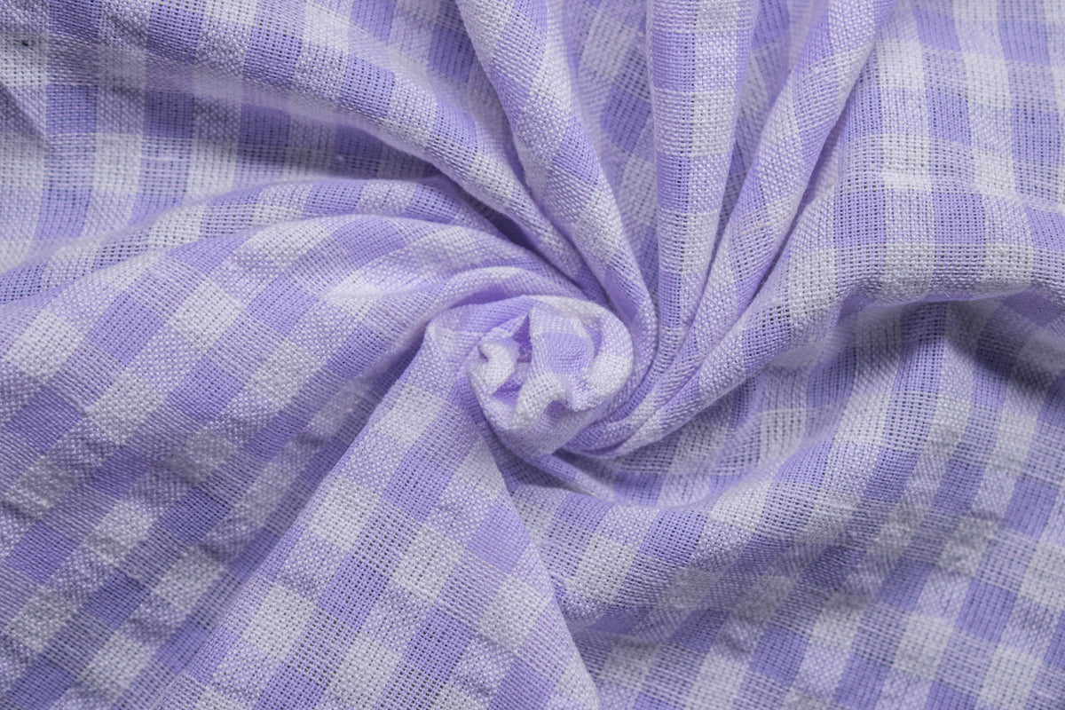 Lilac & White Recycled Yarn Seersucker Gingham Check Polyester Fabric