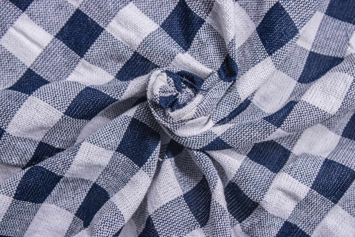 Navy & White Recycled Yarn Seersucker Gingham Check Polyester Fabric