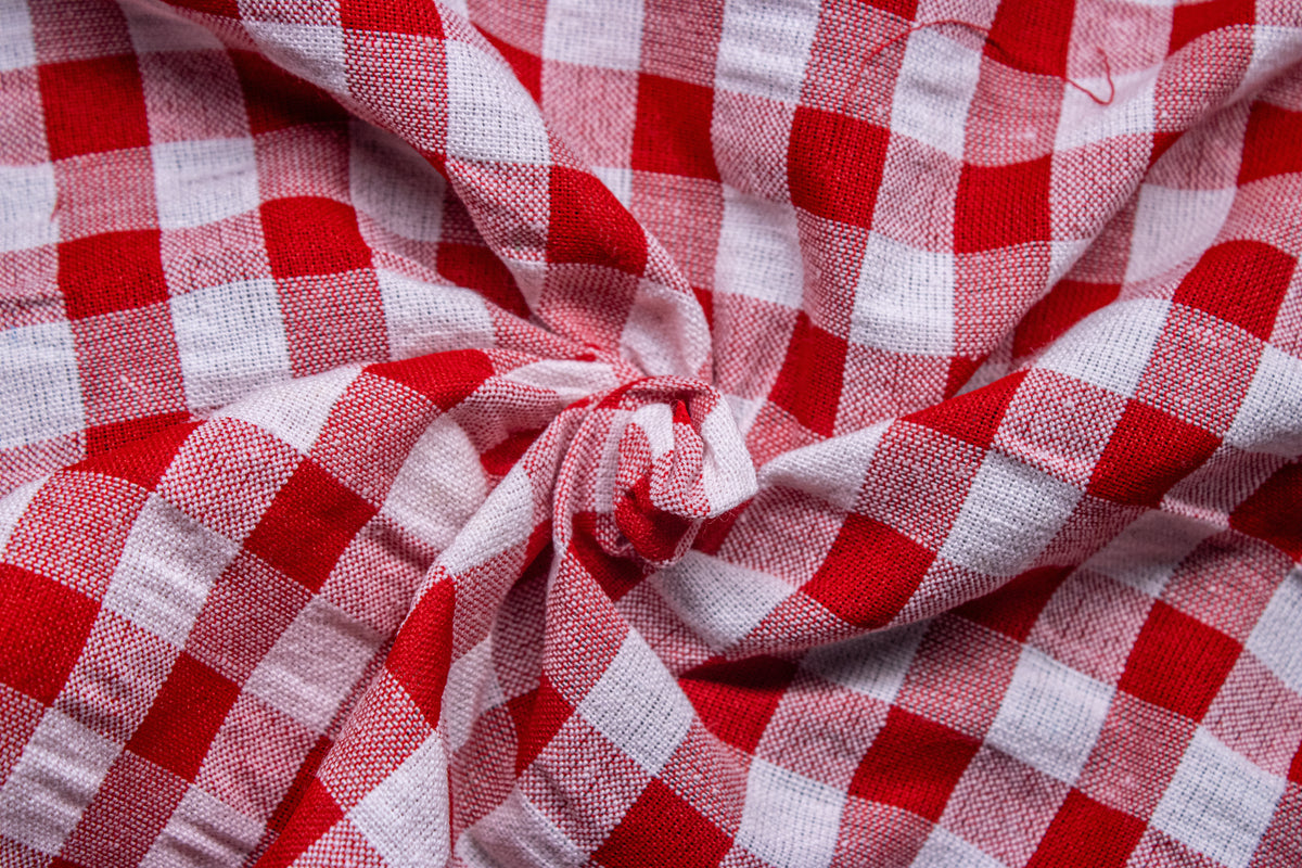Red & White Recycled Yarn Seersucker Gingham Check Polyester Fabric