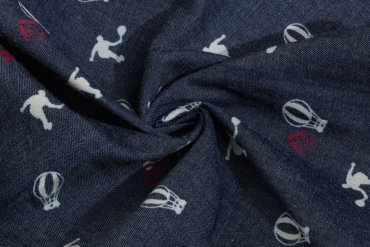 Silky Denim Discharge Sports Print Cotton Fabric