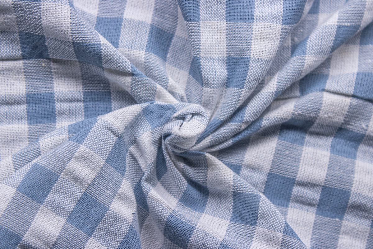 Greyish Blue Recycled Seersucker Gingham Check Polyester Fabric