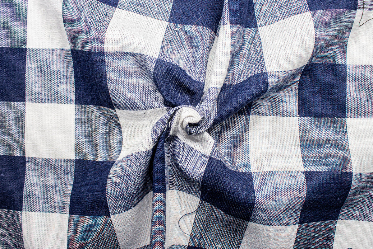 Navy/White Tom Tom Check Cotton Linen Fabric