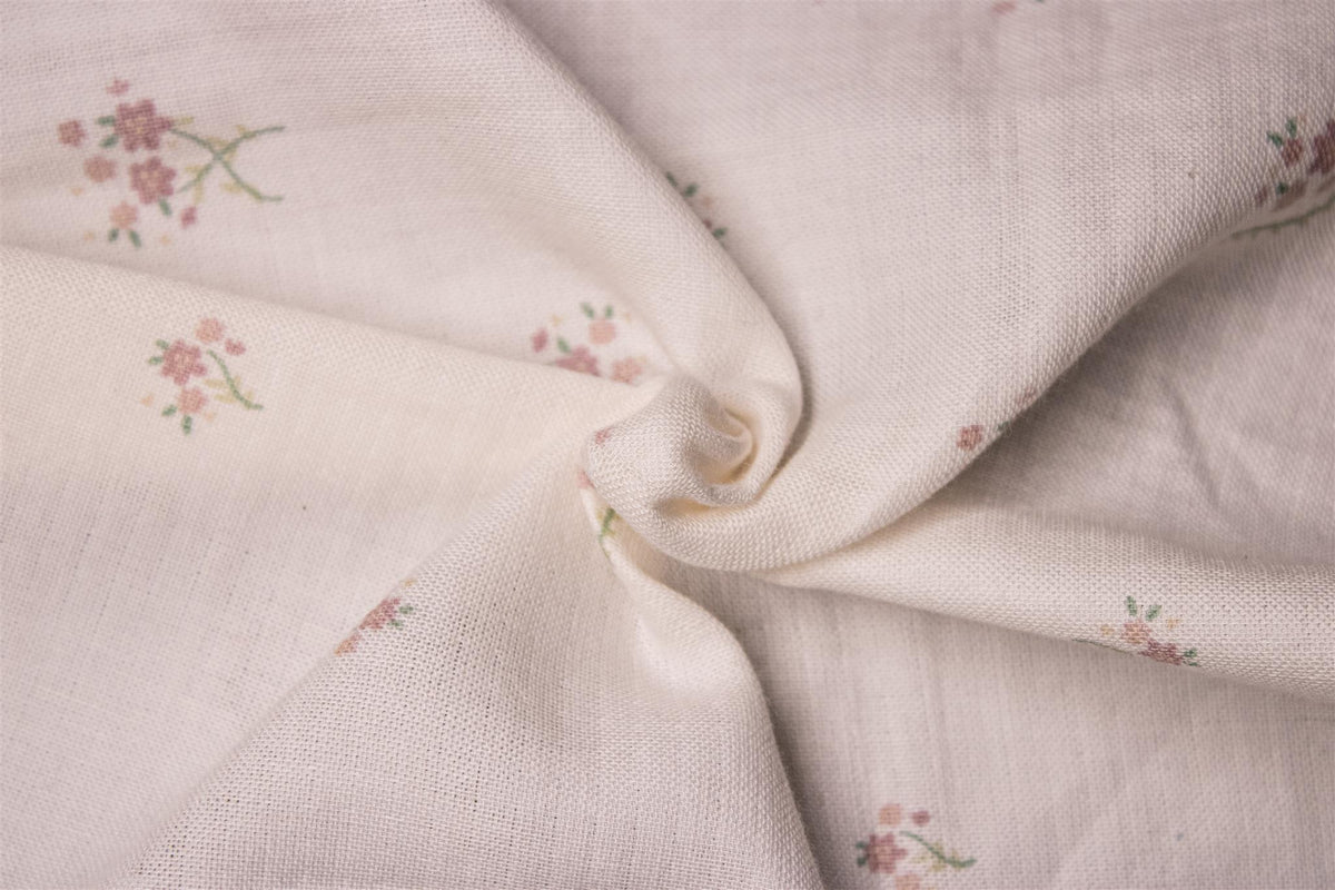 White Cotton Double Cloth Pink Floral Muslin Print