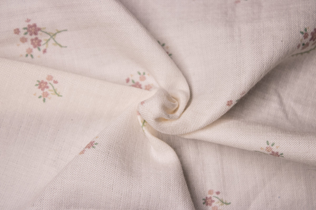 White Cotton Pink Floral Muslin Print Double Cloth Fabric