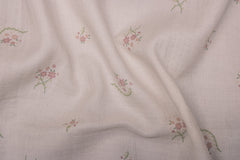 White Cotton Pink Floral Muslin Print Double Cloth Fabric