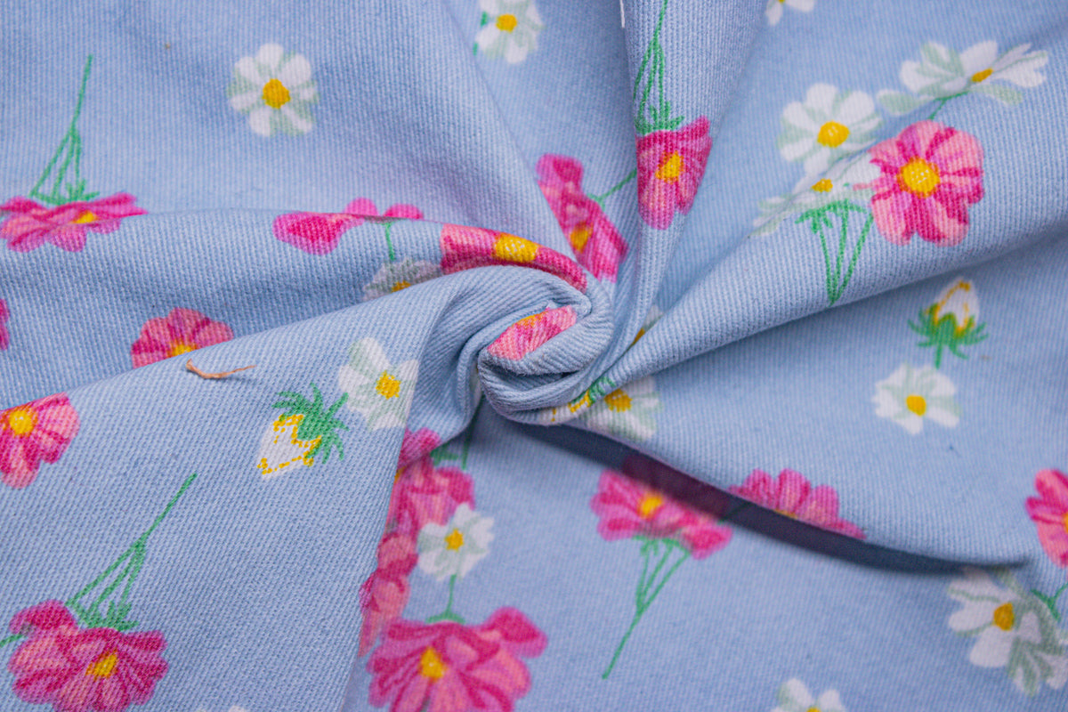 Blue Floral Print Cotton Lycra Fabric