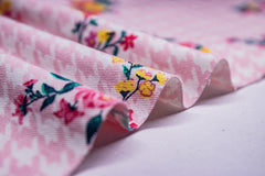 Pink Houndstooth Floral Print Cotton Lycra Fabric