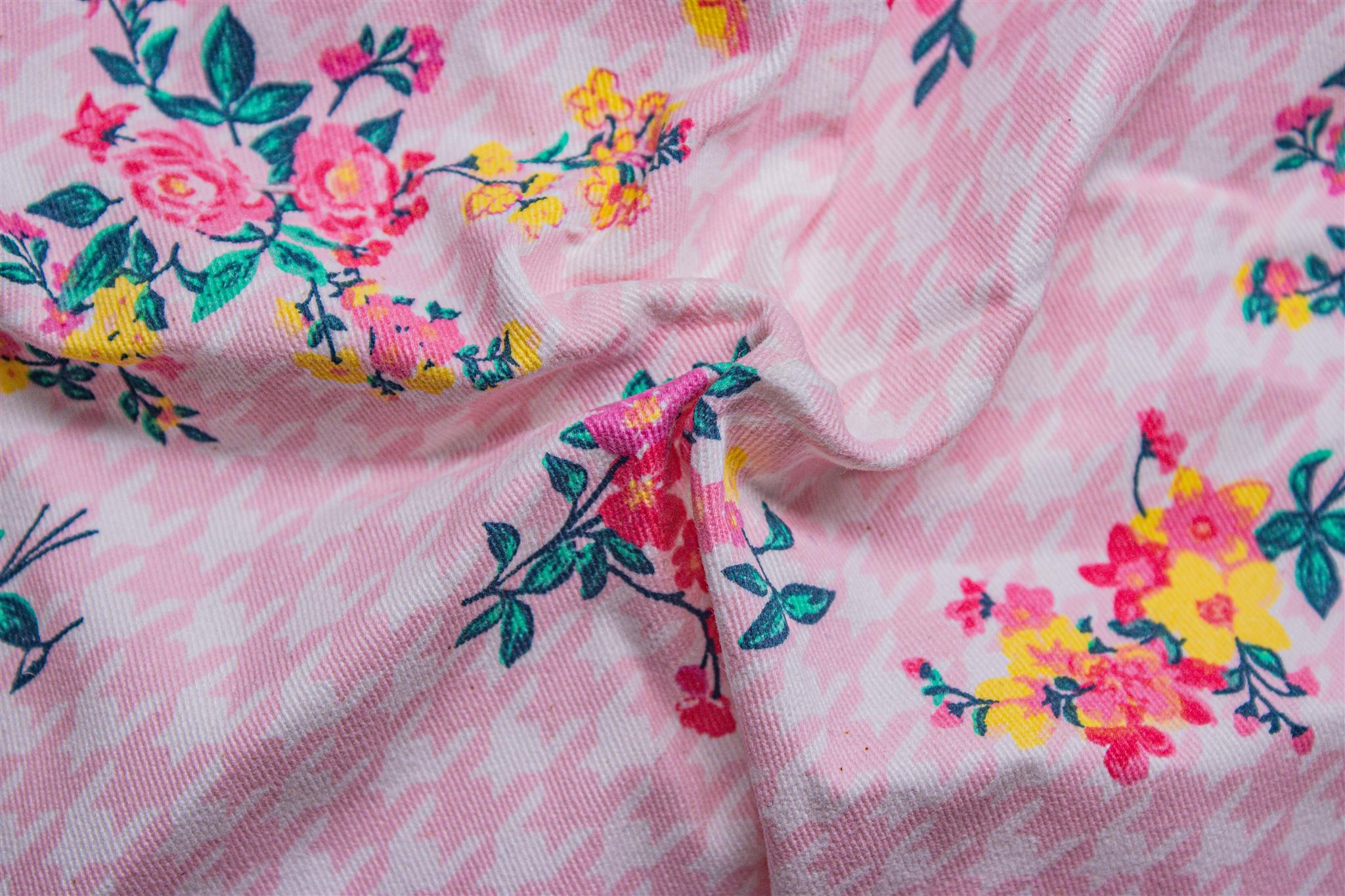 Cotton Lycra Pink Houndstooth Floral Print