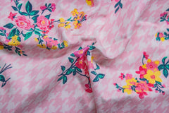Pink Houndstooth Floral Print Cotton Lycra Fabric