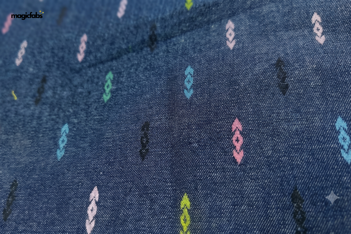 Indigo Cotton Denim Geometrical Print Fabric