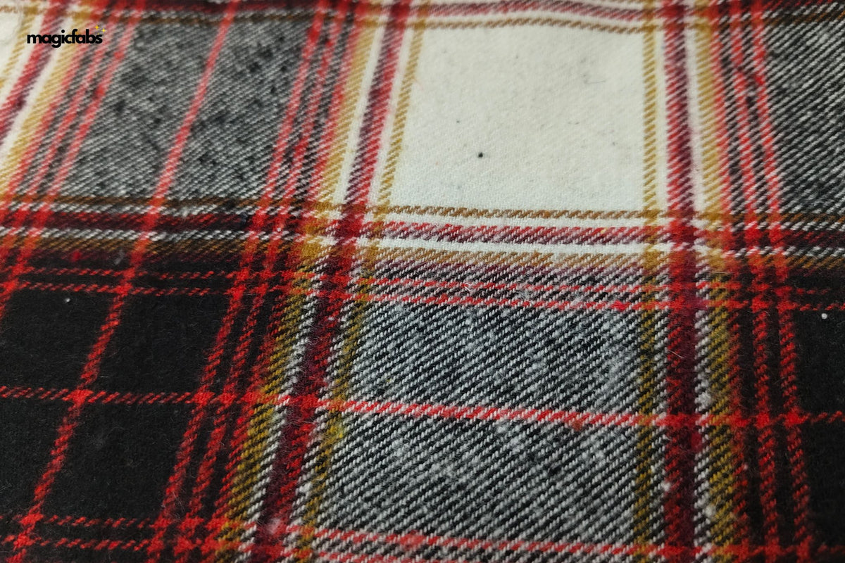 Red & White Recycled Heavy Twill Tartan Check Cotton Fabric