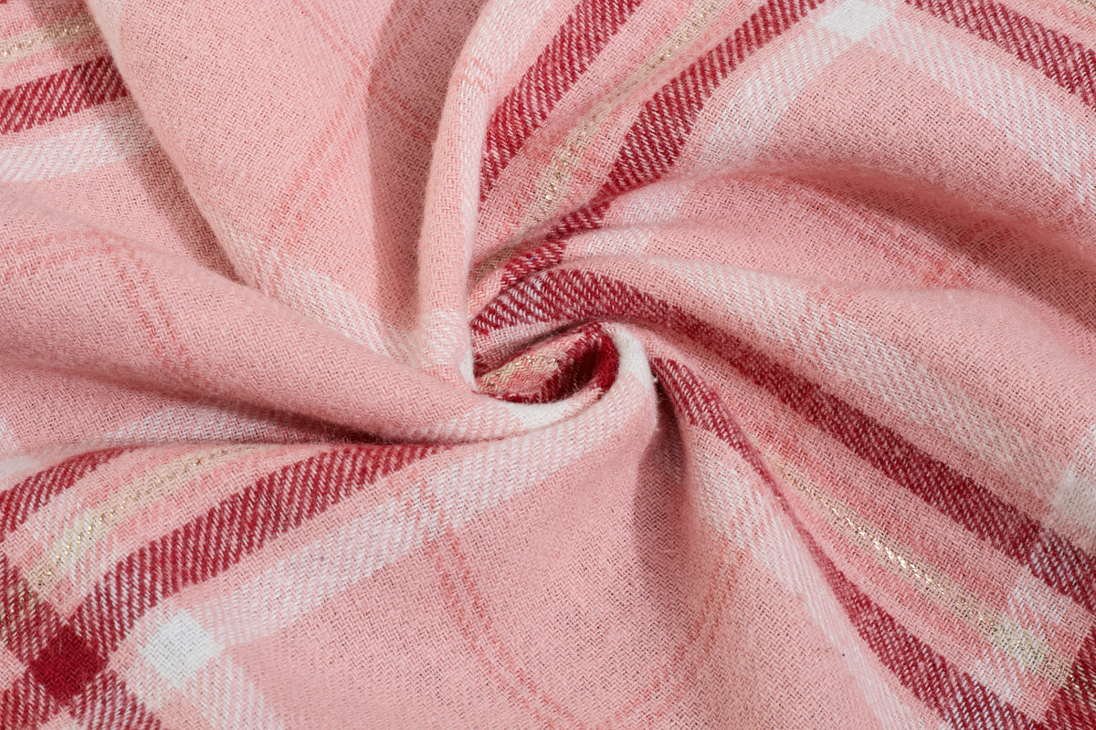 Peach Pink Viscose Twill Lurex Check Cotton Fabric
