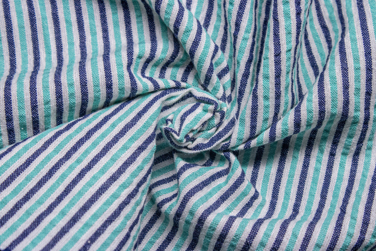 Green & Navy Stripe Seersucker Cotton Fabric