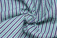 Green & Navy Stripe Seersucker Cotton Fabric