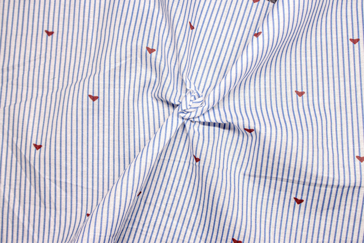 Blue White Stripe Geometrical Poplin Print Fabric