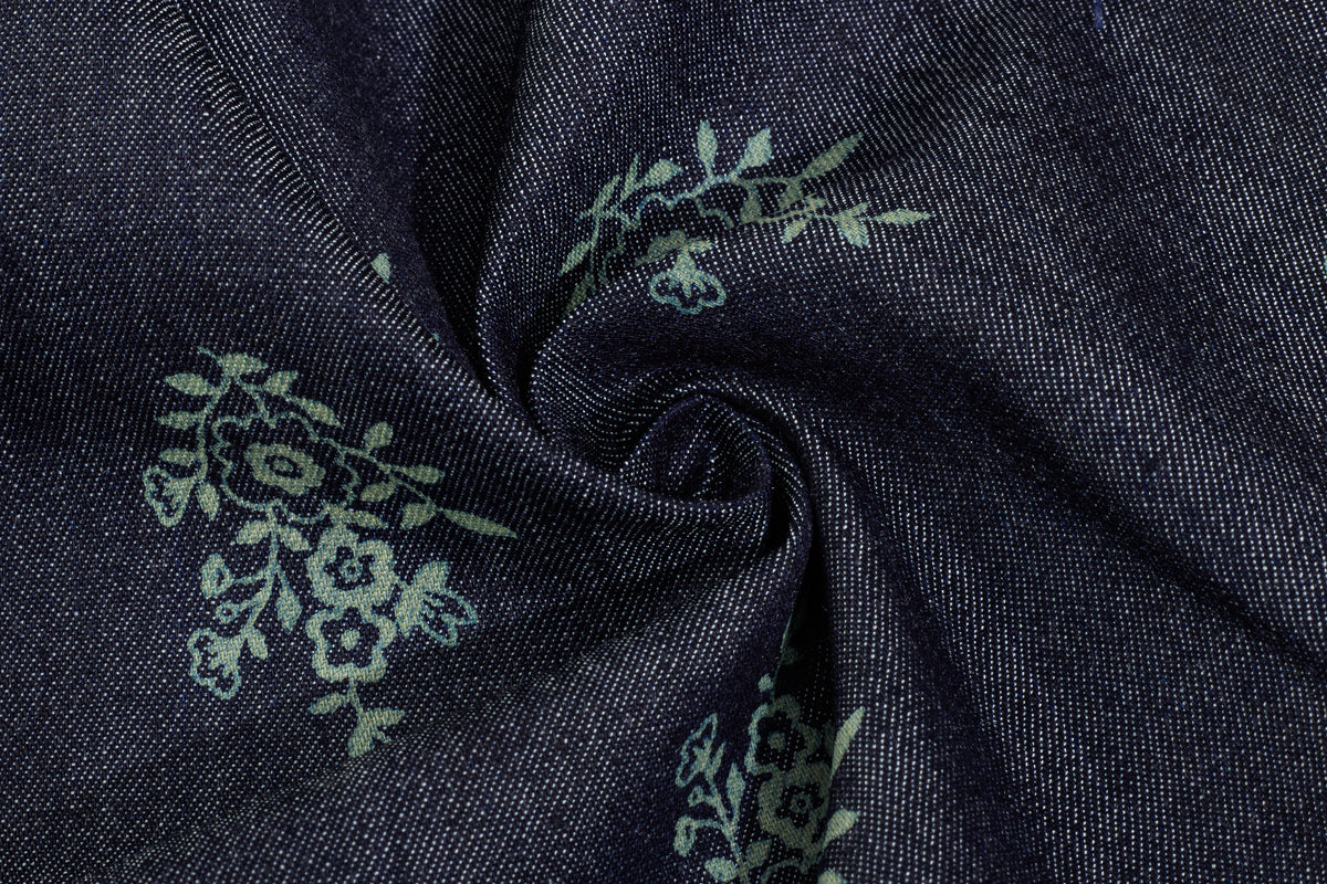 Indigo Silky Denim Floral Print Cotton Fabric