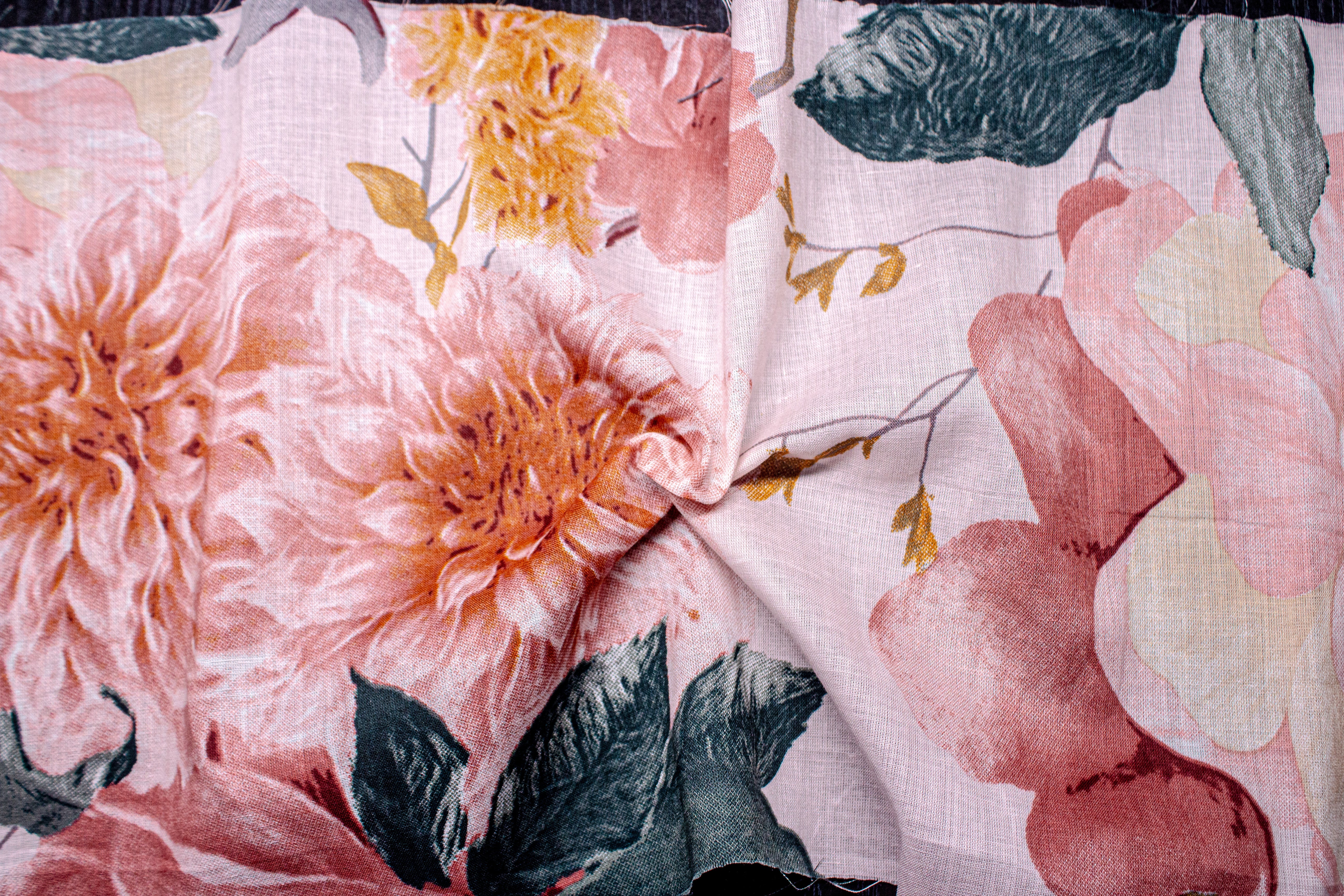 Peach Pink Floral Voile Print Cotton Mul Fabric